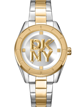 Two-tone DKNY ladies watch with gold-silver design, prominent logo, and metallic link bracelet.