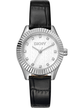 DKNY ladies watch with black strap, textured silver dial, ridged bezel, and hour markers.