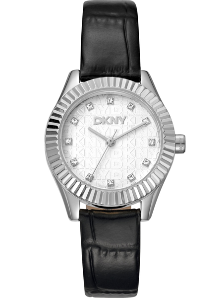 DKNY ladies watch with black strap, textured silver dial, ridged bezel, and hour markers.