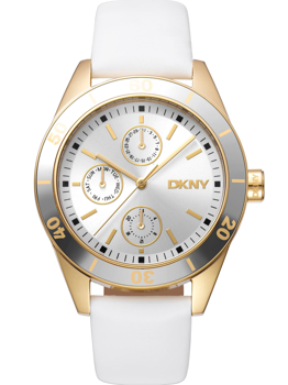 Gold and silver bezel watch with white strap, gold-tone markers, three subdials, DKNY logo.