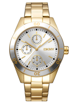 Gold-tone DKNY ladies watch with a silver face, three sub-dials, and link bracelet.