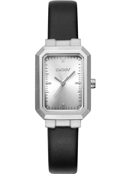 Rectangular metallic watch with silver dial, DKNY logo, and black strap. Minimalistic design.