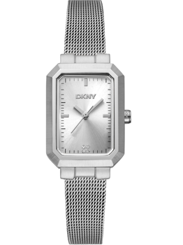 Rectangular silver dial DKNY watch with minimalist markers, mesh band, and branding on the dial.