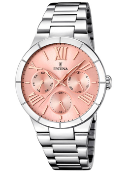 Pink dial Festina ladies watch with Roman numerals, three subdials, and metallic link bracelet.