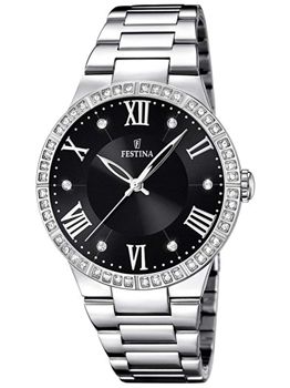 Festina ladies watch with black dial, Roman numerals, stone bezel, and metal link bracelet.