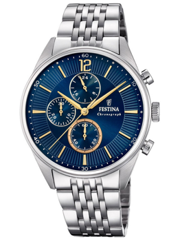 Festina F20285/3 watch; blue dial, gold markers, three subdials, metal bracelet, polished finish.