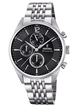 Festina wristwatch with black dial, three subdials, metallic linked bracelet, and "Festina" logo.