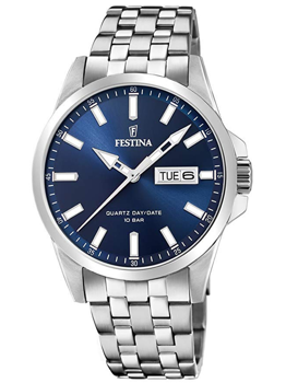 Festina men's watch with blue dial, day-date display, metal band, and 10 ATM water resistance.