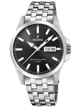 Black dial men's watch with silver markers, day-date at 3 o'clock, and silver metal bracelet.