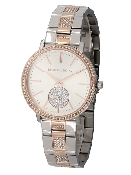 Round face watch with stones, silver and rose gold band, decorative circle, hour markers.