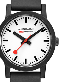 White dial watch with black markers, red second hand, black strap, Mondaine branding.