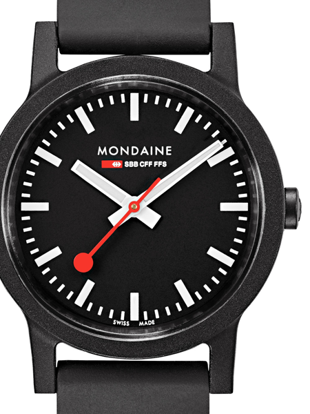 Black dial watch with white markers, red second hand, and "MONDAINE" logo with "SBB CFF FFS".