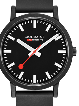 Black Mondaine watch with white markers, red second hand, and "MONDAINE SBB CFF FFS" text on dial.