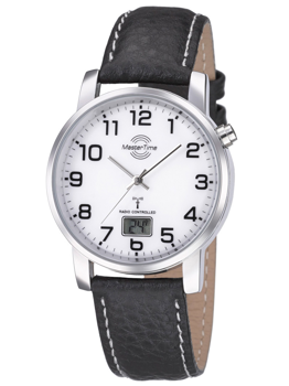 Round white dial watch with black numerals, digital display, and black leather strap with white stitching.