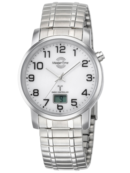 Silver watch with white face, black numerals, digital display at 6 o\'clock, and metal bracelet.