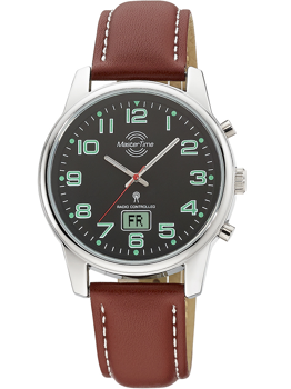 Black dial watch with luminous numerals, radio control text, brown strap, and date display.