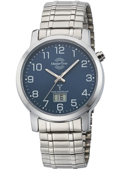 Master Time wristwatch with metallic bracelet, round case, blue face, white numbers, and digital date.