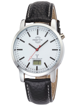 White dial watch, black hour markers, digital display at 6 o'clock, black leather strap with white stitching.