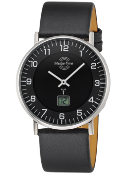 Black dial wristwatch with white markers, hands, radio control symbol, and digital display at 6 o'clock.