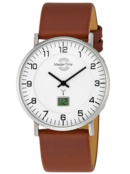 White dial wristwatch with black markers, digital display at 6 o'clock, brown leather strap.