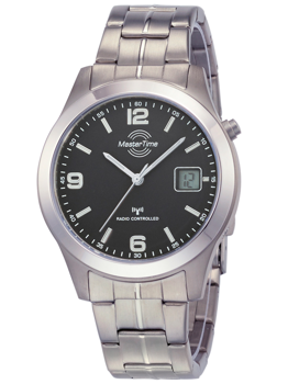 Silver watch with large numbers, digital display, metallic band, and "Radio Controlled" on black dial.