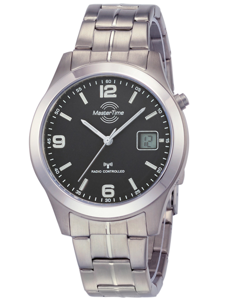 Silver watch with large numbers, digital display, metallic band, and "Radio Controlled" on black dial.