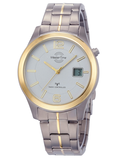 Two-tone silver and gold watch with analog hands, digital date display, and "RADIO CONTROLLED" text.