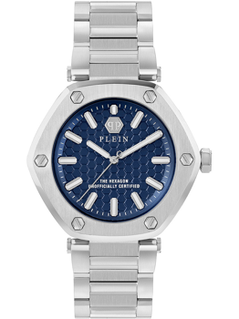Hexagonal bezel watch with blue textured dial, text "THE HEXAGON," and metal link bracelet.