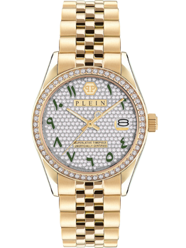 Gold watch with stone bezel, green numerals, and text "SUPERLATIVE TIMEPIECE UNOFFICIALLY CERTIFIED".