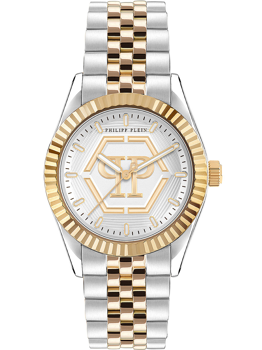 Two-tone watch with silver and gold links, gold bezel, white dial, gold logo, hands, and markers.