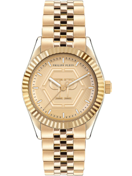 Gold-tone watch with hexagonal pattern, fluted bezel, link bracelet, and "PHILIPP PLEIN" on dial.