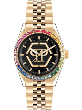Gold bracelet watch with rainbow stone bezel, black dial, and logo. Philipp Plein branding visible.