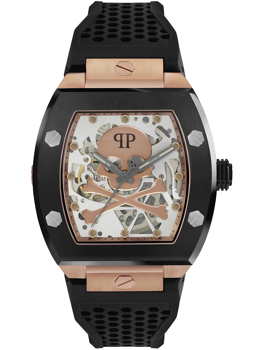 Skeleton dial wristwatch with skull motif, black and rose gold case, and textured black strap.