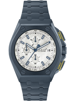 Blue wristwatch with hexagonal bezel, tachymetric scale, and "MONEY" and "POWER" side buttons.
