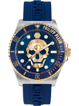 Blue watch with central skull, gold accents, "PHILIPP PLEIN" on bezel and strap.