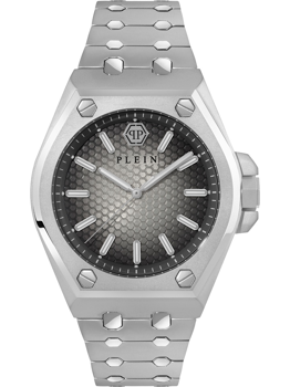 Silver watch with hexagonal dial pattern, hexagonal link bracelet, and bold indices on the face.