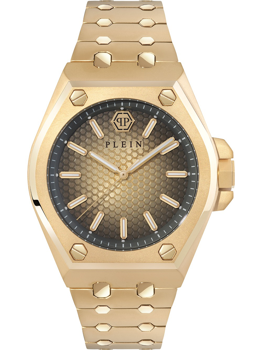 Gold watch with hexagonal bezel, honeycomb face, and hexagonal link bracelet.