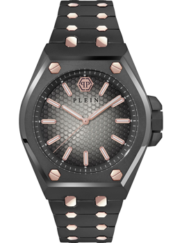 Black watch with hexagonal pattern, rose gold markers, "PLEIN" logo on dial, and rose gold accents.