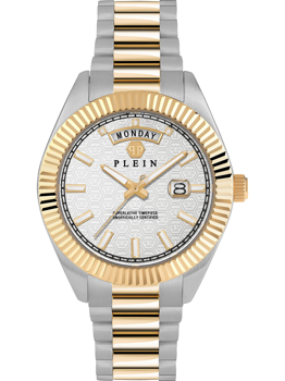 Two-tone gold and silver watch with fluted bezel, "PLEIN" branding, day-date display, patterned dial.