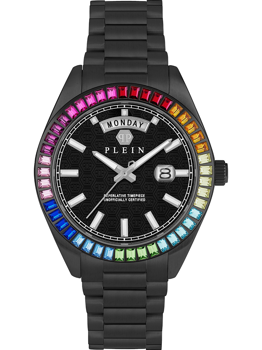 Black watch with multicolored gemstone bezel, day-date display, silver markers, and black strap.
