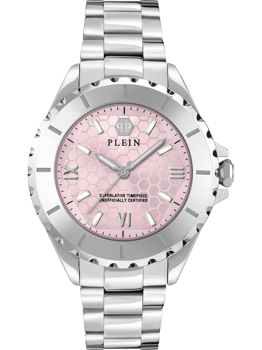 Pink dial with hexagonal pattern, Roman numerals, polished metallic bracelet, Philipp Plein branding.