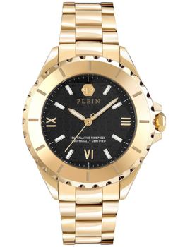 Gold-tone ladies watch with black face, Roman numerals, and "PLEIN" text. Luxurious design.