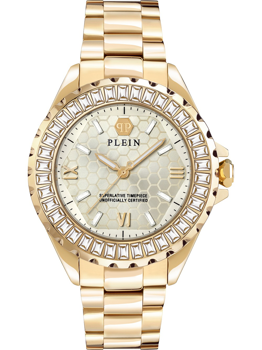Gold watch with honeycomb face, Roman numerals, and stone-studded bezel; bracelet-style band.