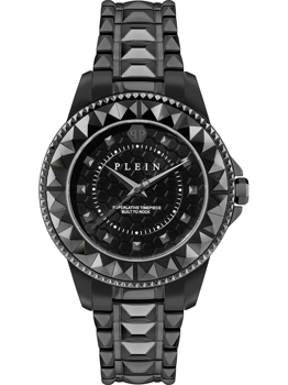 Black watch with pyramid-studded bezel and strap, "PLEIN" text on dial, bold and edgy design.