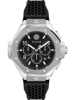 Silver bezel, black dial with subdials, black textured strap. Philipp Plein branding on face.