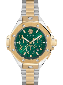 Green dial with hexagonal pattern, gold bezel with screws, two-tone gold-silver band.
