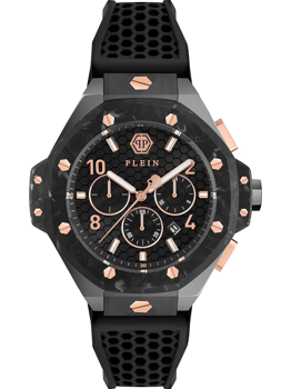Black watch with textured strap, gold accents, sub-dials, and "PLEIN" branding on the face.