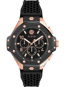 Black and rose gold watch with hexagonal bezel, subdials, "PLEIN" logo, and textured black strap.