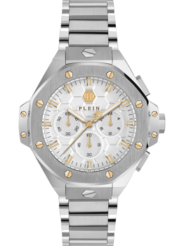 Unisex watch with silver-gold band, round face, three sub-dials, octagonal bezel, "PLEIN" logo.