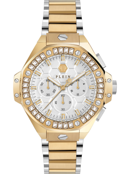 Gold and silver watch with gemstone bezel, hexagonal pattern dial, and metal link bracelet.
